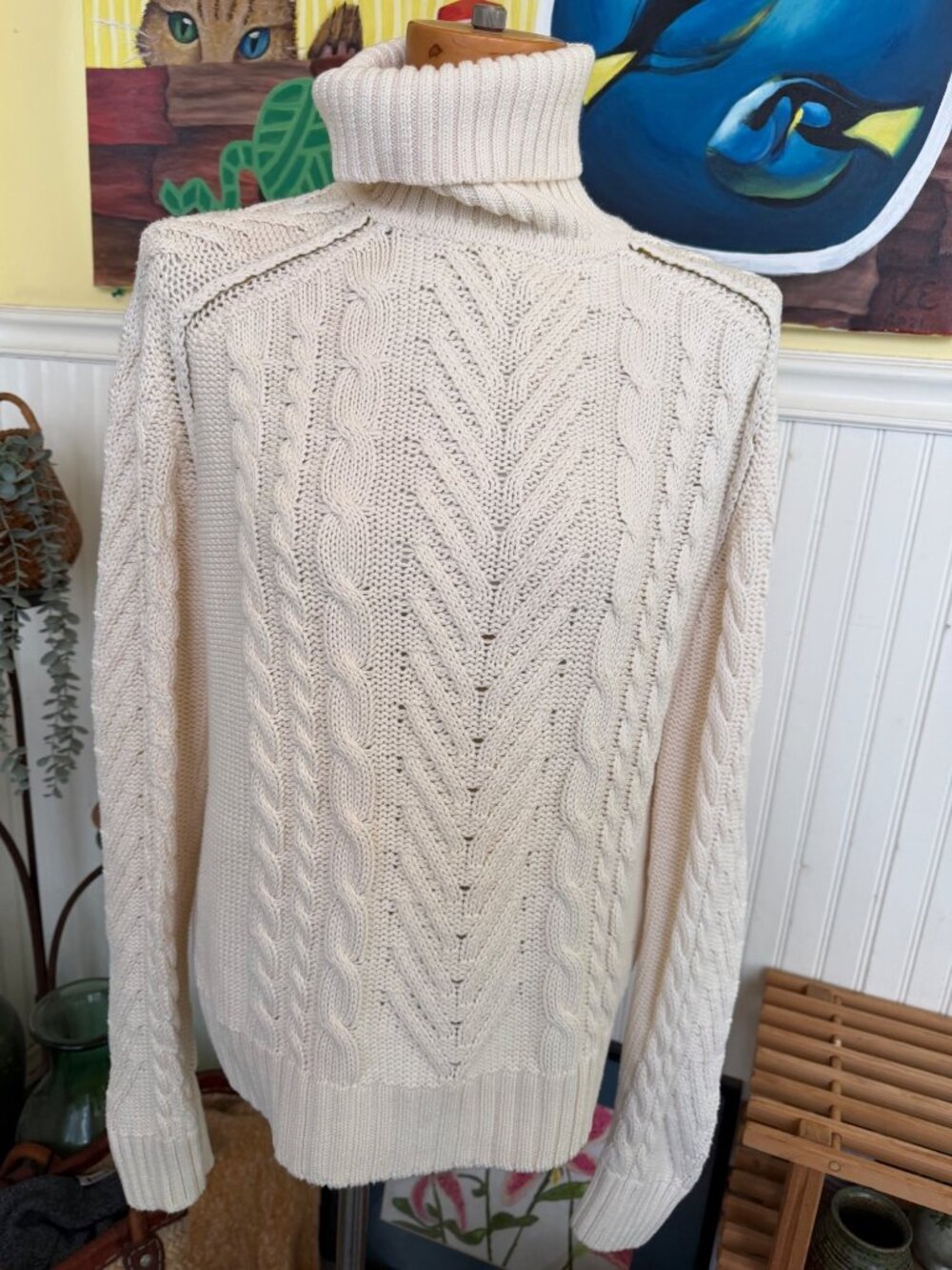 4 YOU White Cable Knit Sweater Medium Cotton Made In Hong Kong 90s Vintage
